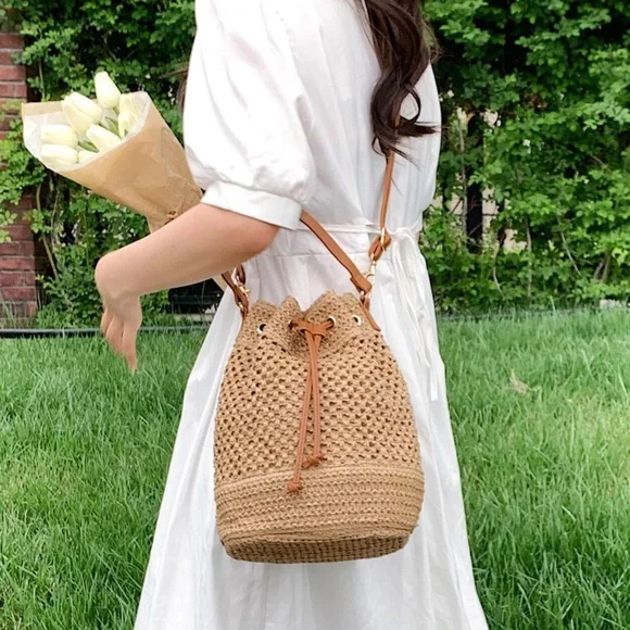 Boho Straw Vegan Leather Strap Bucket Crossbody Bag - Picture 1 of 7